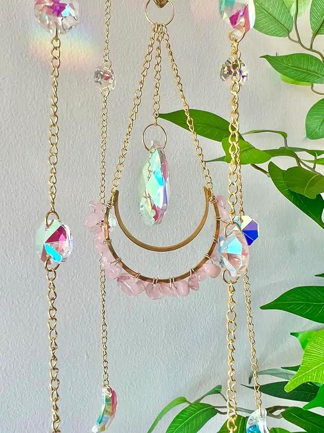 Crystal Suncatcher Rose Quartz, Spiritual, Sun Catcher Hanging for Windows, Rainbow Maker, Crystal Indoor Garden Home Decor, Natural Gemstone Boho Decor (Rose Quartz) by GreenHaven Gardens