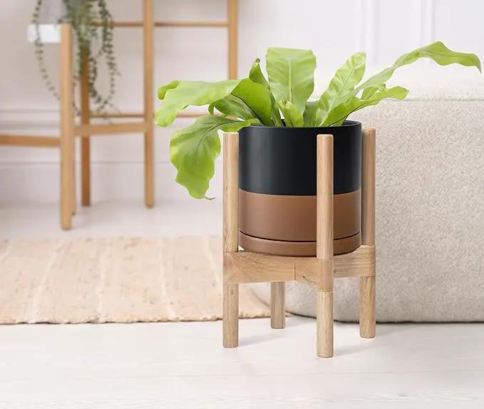 D'vine Dev Ceramic Planter with Natural Stand - 8 Inch Modern Round Flower Pot with Wood Planter Holder, Black/Speckled Tan, 55-B-N-7 by GreenHaven Gardens