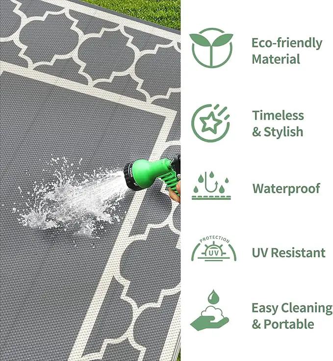 GENIMO 6' x 9' Outdoor Rug Waterproof for Patio Decor, Foldable Reversible Plastic Straw Area Rugs Mat for Camper, Outside Carpet for Rv, Deck, Porch, Picnic, Beach, Balcony, Grey & Beige White by GreenHaven Gardens