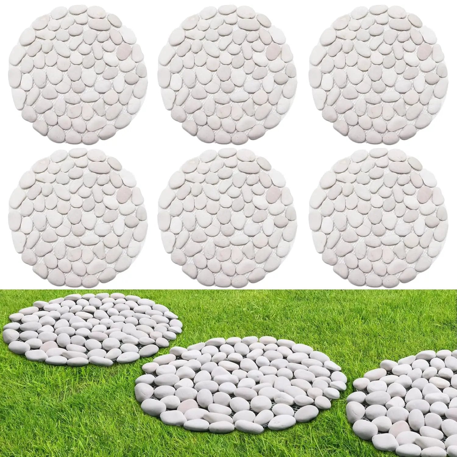 10in River Rock Stepping Stones Set - 6 Pack | Polished Pebble | Long-Lasting PVC Mesh Backing | Perfect for Garden Paths and Lawns Outdoor Landscaping Decoration | White Circle by GreenHaven Gardens