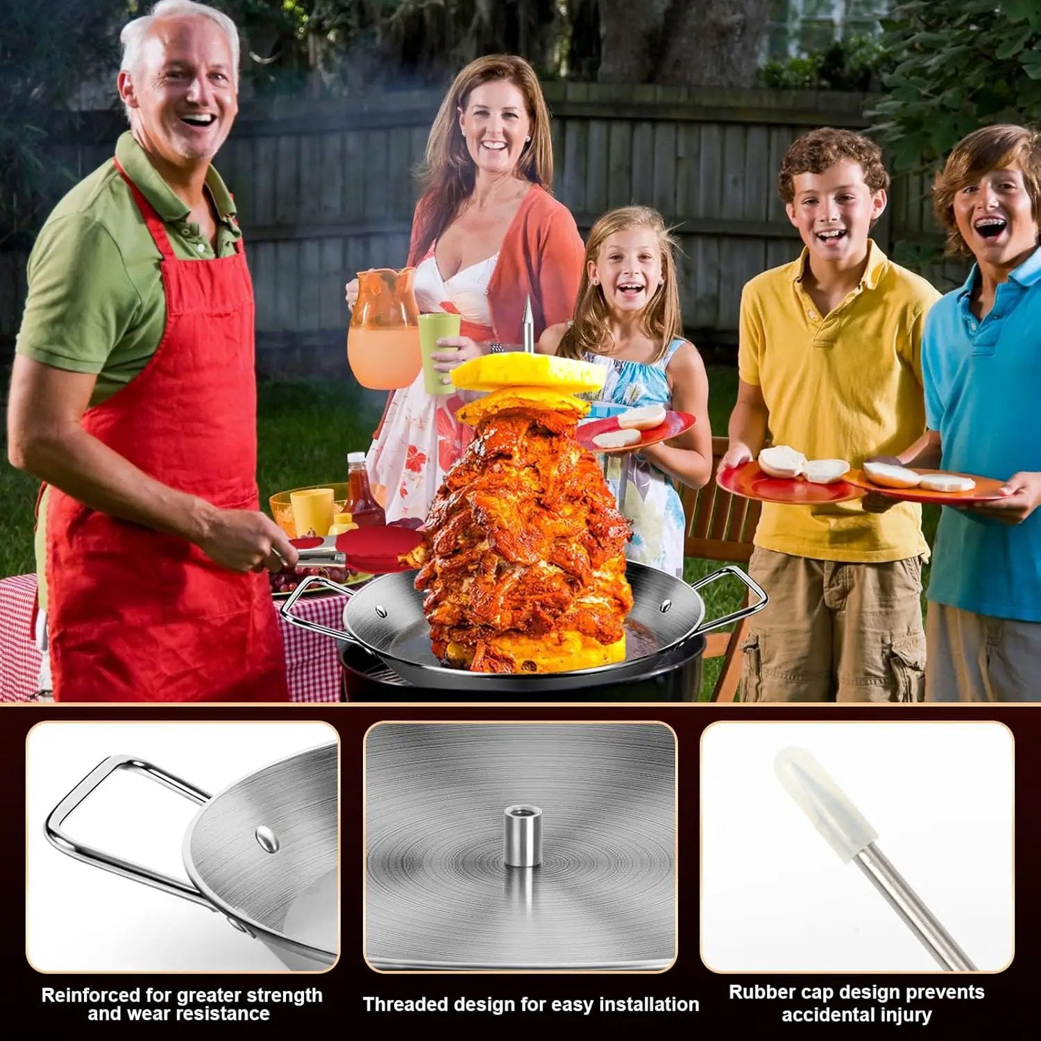 Stainless Steel Al Pastor Skewer & Gyro Pan for Grill – BBQ Vertical Skewer Pan Set with 3 Removable Spikes (8”/10”/12”), Brushes & Tongs, Brazilian Spit Stand for Tacos, Shawarma, Kebabs, Oven by GreenHaven Gardens