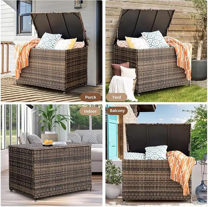 178 Gallon Outdoor Storage Box, Handle Large Portable Wicker Rattan Deck Box for Patio Furniture Cushions, Patio Deck Box with 2 WheelsThrow Pillows, Garden Tools and Pool Floats (Brown) by GreenHaven Gardens