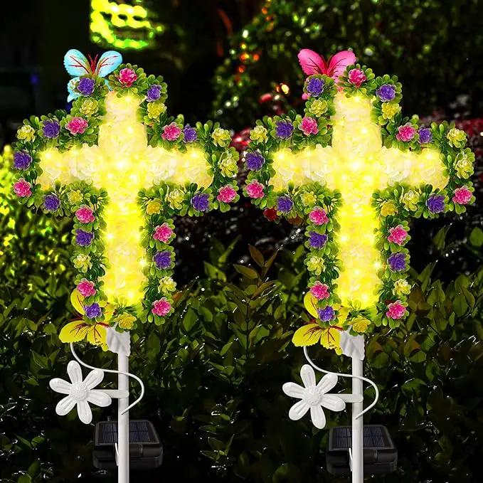 YJFWAL 1 Pack Solar Flowers Cross Garden Stake Lights, Yard Solar Lights Cemetery Decorations For Grave Outdoor Light Jesus Cross Sympathy Memorial Gift For Grandma, Garden Lawn Patio Pathway Deco by GreenHaven Gardens
