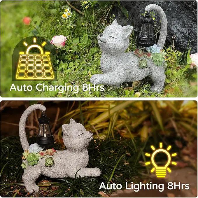 Solar Garden Outdoor Statues Cat with Succulent Solar Lantern, Lawn Decor Kitten Figurine for Patio Balcony Yard, Yard Unique Christmas Birthdays Gift for Mom Grandma by GreenHaven Gardens