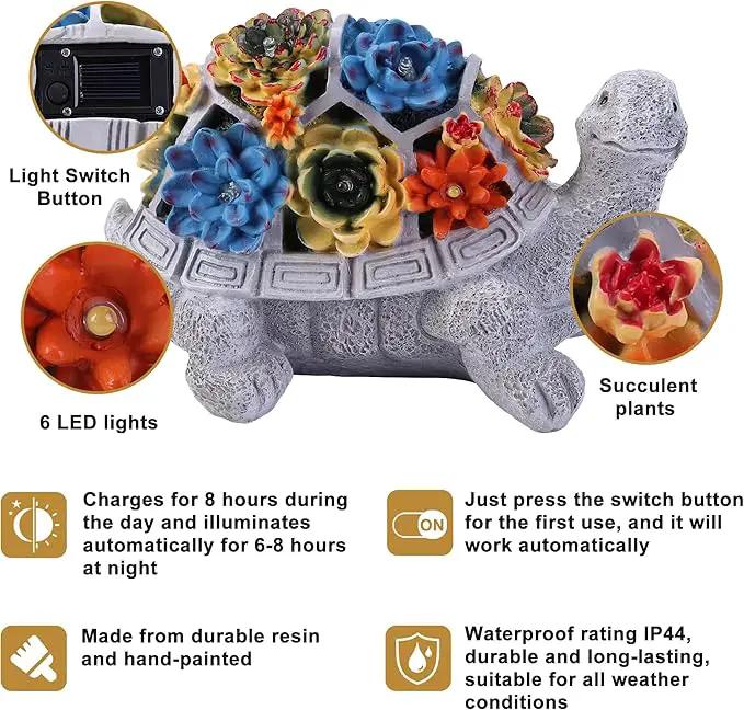 Solar Garden Statues Turtle with Succulent and 6 LED Lights, 9.1" L x 5.7" W x 6.7" H Outdoor Solar Decor, Turtle Garden Figurines for Lawn, Balcony, Yard Decoration, Gifts for Mom Wife by GreenHaven Gardens