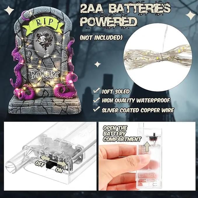 Hiboom 6 Set Large Halloween 3D Changing Face Rip Graveyard Tombstones and 23.6x15.7 Inch Halloween Skeleton Headstone 6 Pcs LED String Lights Halloween Decoration for Yard Garden Lawn by GreenHaven Gardens