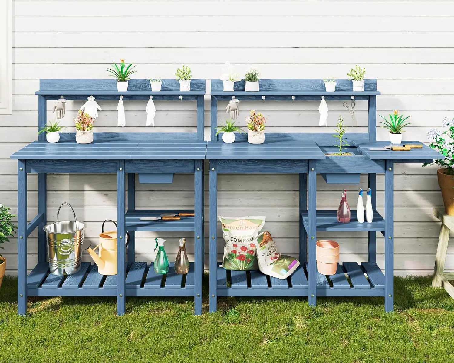 SERWALL Potting Table Set of 2 for Outside All Weather Use- Blue by GreenHaven Gardens