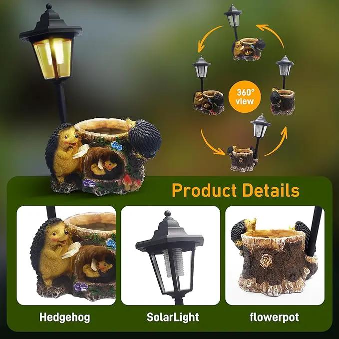 Outdoor Hedgehogs Statues Solar Sculptures with Solar Lights and Flowerpot Funny Garden Decor Animal Figurines Resin Outdoor Statues for Patio Yard Lawn Balcony Gifts by GreenHaven Gardens