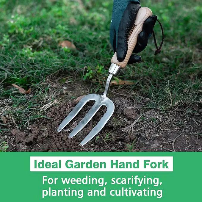Berry&Bird Gardening Hand Fork, Stainless Steel Hand Weed Fork, Traditional Garden Hand Fork Tool with Ergonomic Ash Wood Handle for Weeding, Digging, Planting and Cultivating by GreenHaven Gardens
