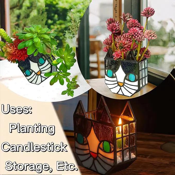 Tiffany Cute Cat Stained Glass Flower Pots,Indoor and Outdoor Plant Displays,Cat Plant Planter,Candle Holder Container Decoration 4.6 x 5.15 x 2.3 inch(11.7 x 13.1 x 5.8 CM)(Without Succulents)Black by GreenHaven Gardens