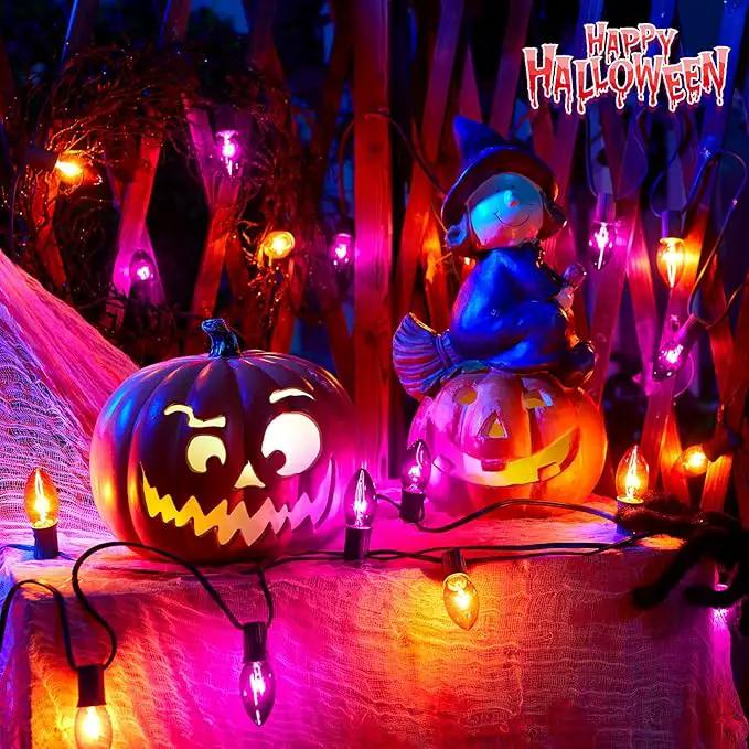 C9 Halloween Lights, Orange and Purple Halloween String Lights, Waterproof Halloween Lights for Outdoor Indoor Xmas Roofline Decor, Black Wire, 25 Feet by GreenHaven Gardens