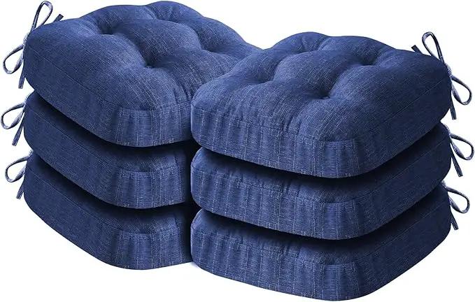 Chair Cushions for Dining Chairs, Dining Chair Cushions, Tufted Indoor Chair Pads with Ties & Non Slip Backing, Seat Cushions for Kitchen Chairs 16.5” x 16.5” x 3.5”, Set of 6, Navy Blue by GreenHaven Gardens