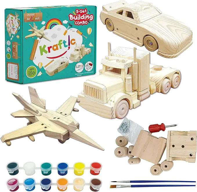 Kraftic Woodworking Building Kit for Kids and Adults, 3 Educational DIY Carpentry Construction Wood Model Kit Toy Projects for Boys and Girls - Build a Wooden Military Jet Race Car and Tractor Trailer by GreenHaven Gardens