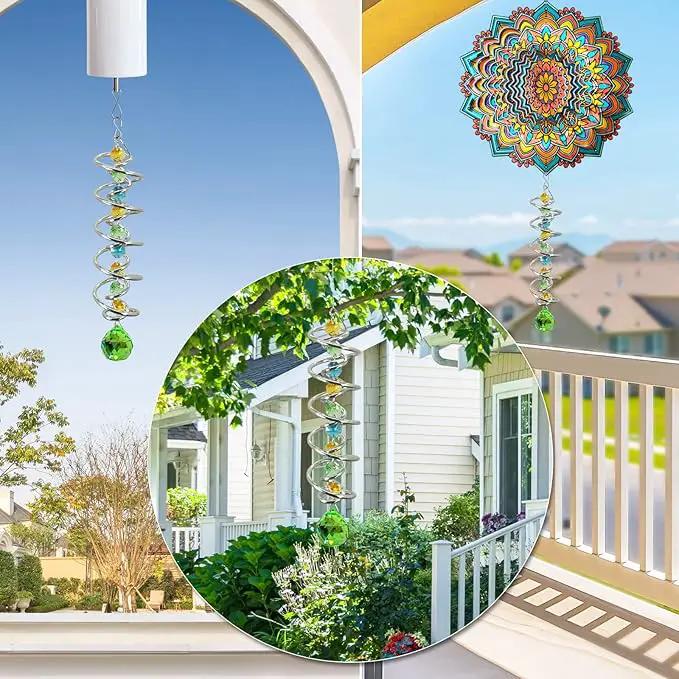 FONMY Gazing Ball Spiral Tail -Decorative Wind Spinner Sun Catcher Rainbow Maker Double-Spiral W/Green Crystal Ball and Chain Crystals for Indoor Outdoor Garden Decoration -14 inch Height by GreenHaven Gardens