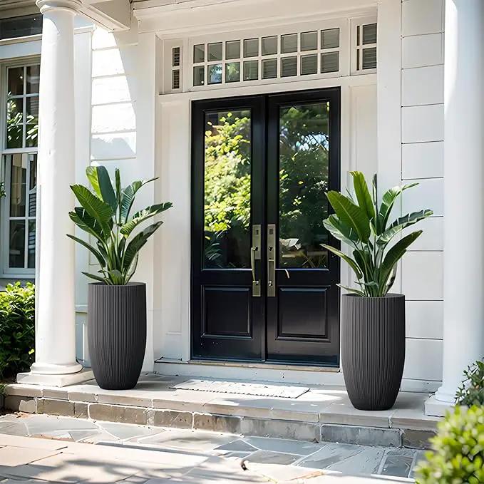 Kante 24 Inch Tall Round Concrete Planter, Large Indoor Outdoor Plant Pots with Drainage Hole and Rubber Plug, Modern Decorative Garden Pots for Home Patio Porch, Textured Black by GreenHaven Gardens