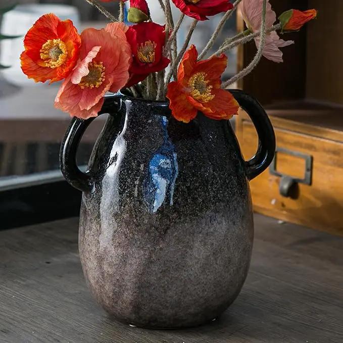 Blue Gradient Ceramic Vase with 2 Handles, Modern Farmhouse Decor, Rustic Terracotta Pottery, Decorative Clay Flower Vase, Centerpiece for Dining Table - 7 Inch by GreenHaven Gardens