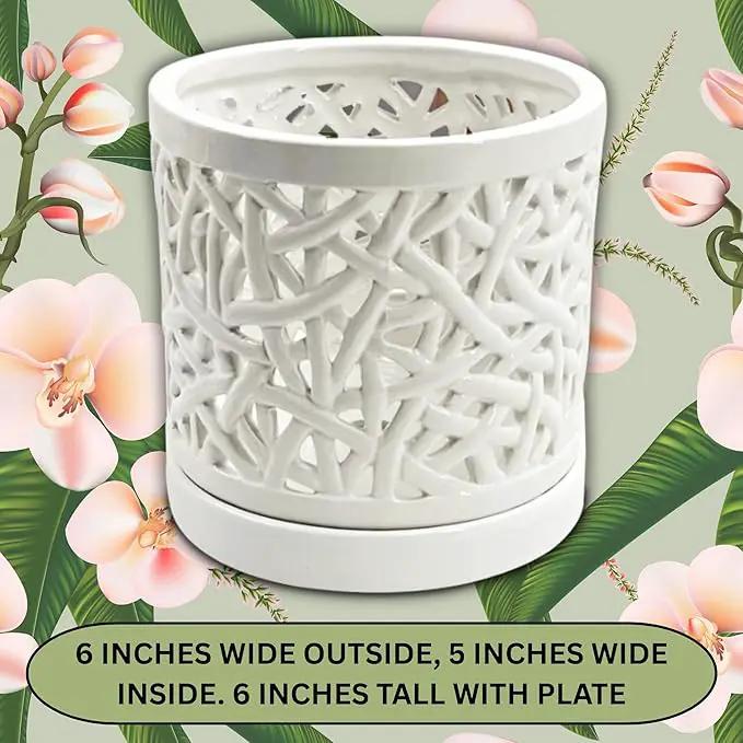 Large Ceramic Orchid Pot with Holes, 6 Inches Wide, for Indoors or Outdoors with Woven String Cut Out Design, Orchid Planters by GreenHaven Gardens