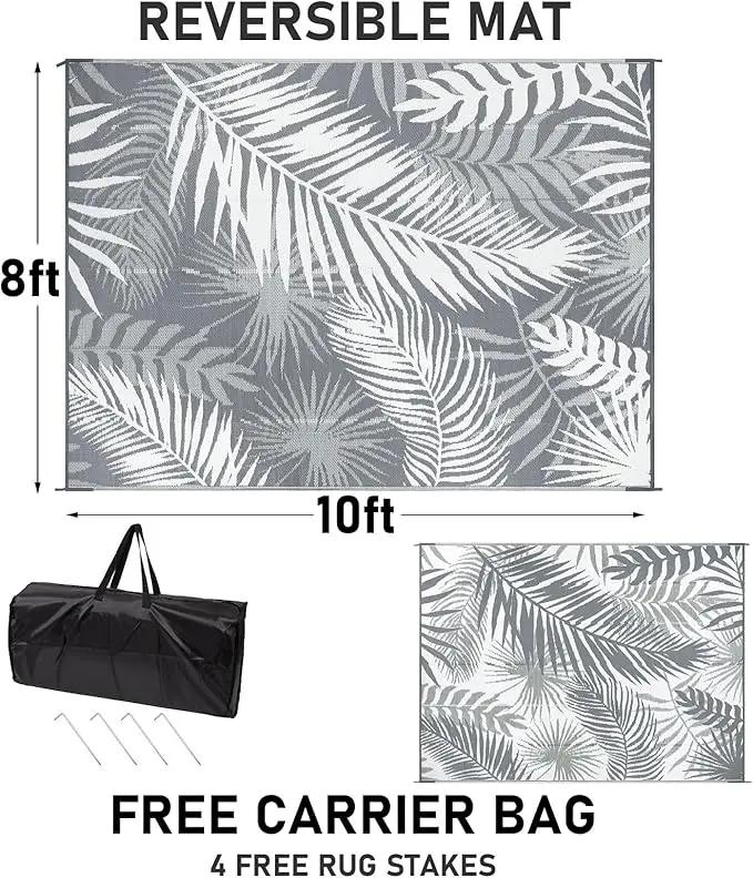 Outdoor Rug 10'x8' Waterproof for Patios Clearance, Reversible Outdoor Plastic Straw Rug Camping Carpet, Outside Floor Mats Large Area Rugs for RV,Patio,Deck,Porch,Beach,Balcony,Grey&White by GreenHaven Gardens