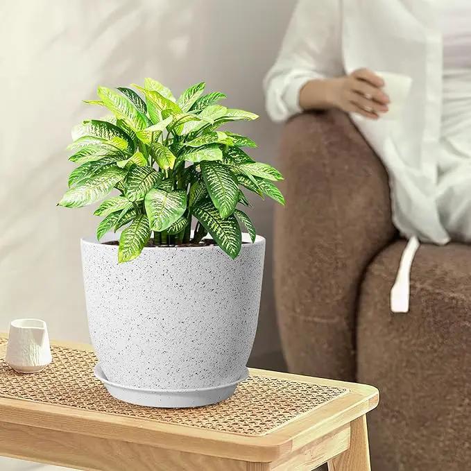10/9/8 inch Medium Plant Pots, Set of 3 Modern Decorative Plastic Planters with Drainage Holes and Saucers for Garden House Plants, Flower Pots for Indoor Outdoor Plants, Speckled White by GreenHaven Gardens