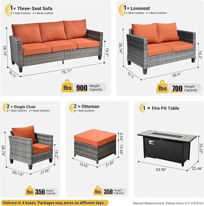 ovios 7 Pieces Patio Furniture Set with 54" Fire Pit Table, Outdoor Wicker Sofa with Comfy Cushions, All Weather High Back Rattan Couch Conversation Set, Orange Red by GreenHaven Gardens