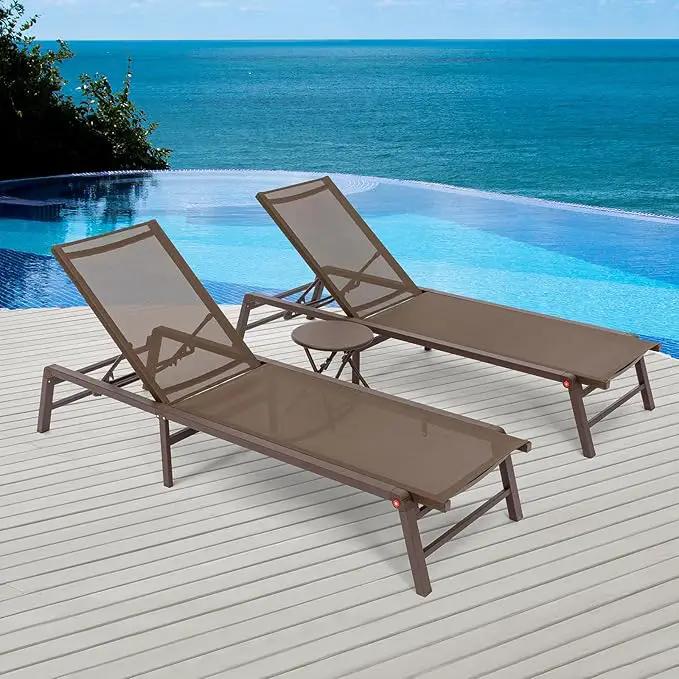 Aluminum Chaise Lounge Chair Outdoor, Foldable Patio Lounge Chair 2 Sets with Table Assemble-Free, Pool Lounge Chairs with 5 Adjustable Backrest, Outdoor Lounge Chairs for Outside Poolside Brown by GreenHaven Gardens