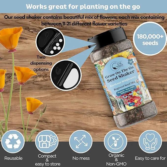 on The Go Regional Wildflower Seed Shaker - Northeast USA Wildflowers - 100% Pure Seed - Organic, Non-GMO - 21 Wildflower Variety Seeds of Annual & Perennial, 8oz by GreenHaven Gardens