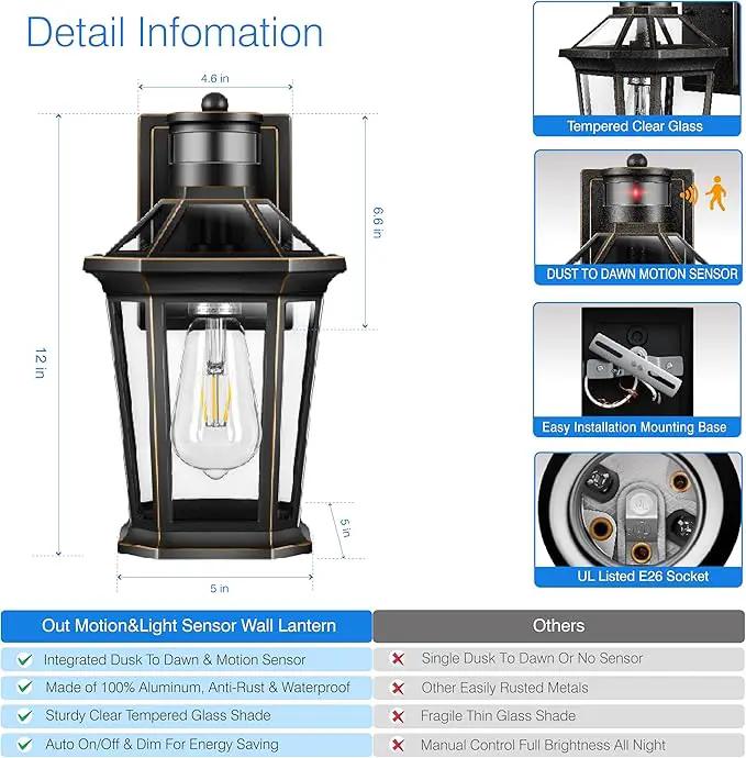VIANIS Motion Sensor Outdoor Wall Lantern, Black Waterproof Dusk to Dawn LED Exterior Wall Sconce, Anti-Rust Aluminum Modern Outdoor Lights Fixtures Wall Mount for Porch, Entryway, Garage, Front Door by GreenHaven Gardens