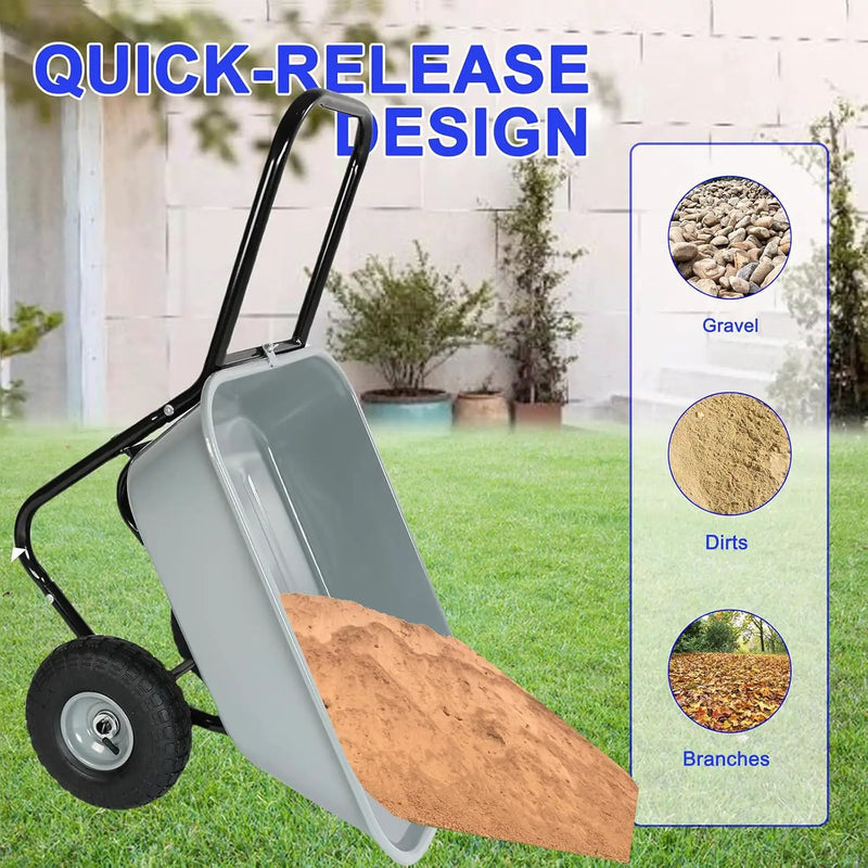 Dual Wheel Wheelbarrow, Heavy Duty Garden Cart, 300 lbs Capacity Utility Cart with Two 15 inches Pneumatic Tires for Outdoor Lawn Yard Farm Ranch (Gray) by GreenHaven Gardens