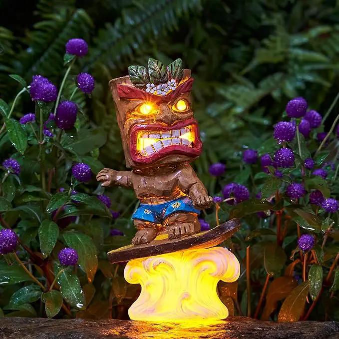 Solar Tiki Statue Outdoor Decor-Tiki Bar Decor-Garden Tiki Surfing Statues Waterproof Decoration Figurine for Tiki Bar,Patio,Balcony,Yard,Lawn,Table,Desk 9.92 Inches Tall by GreenHaven Gardens