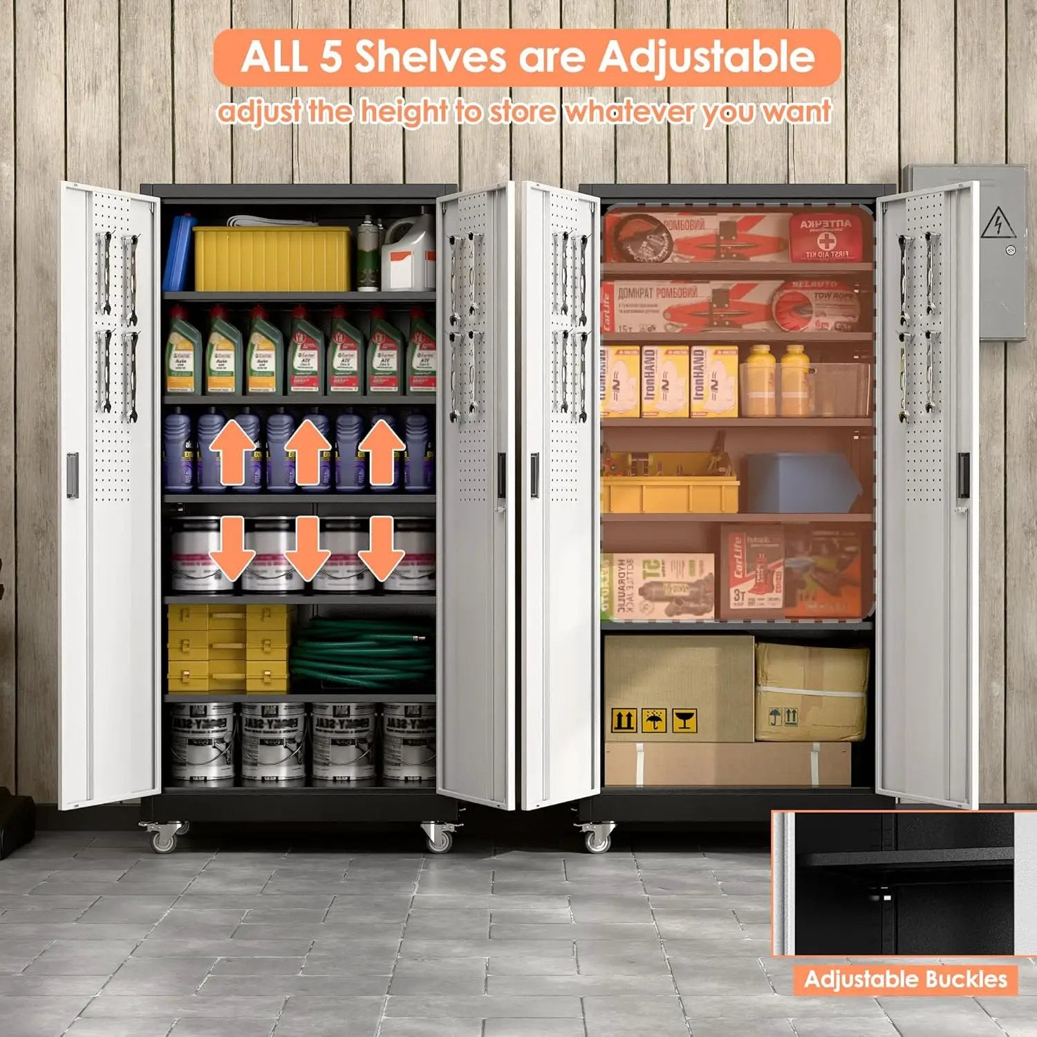 Aobabo 71" H×32" W×16" D Metal Storage Cabinet with Wheels, Garage Steel Storage Cabinet with 5 Adjustable Shelves and 4 Hooks for Home Office,Kitchen, Black Silver,Assembly Required by GreenHaven Gardens