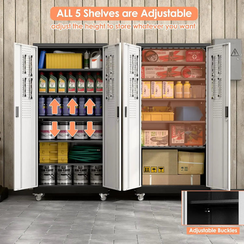 Aobabo 71" H×32" W×16" D Metal Storage Cabinet with Wheels, Garage Steel Storage Cabinet with 5 Adjustable Shelves and 4 Hooks for Home Office,Kitchen, Black Silver,Assembly Required by GreenHaven Gardens