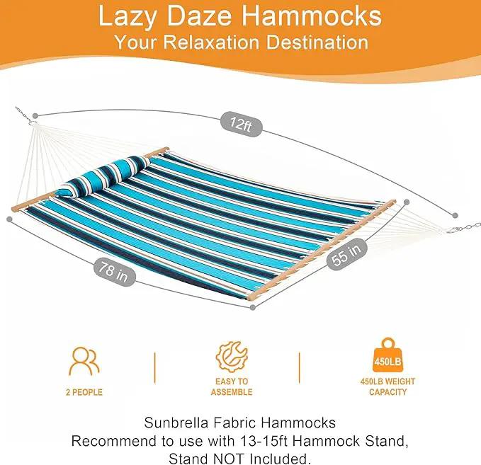Lazy Daze 12 FT Sunbrella Fabric Hammock not Fading with Spreader Bars and Free Pillow Fits for Two Persons, All Weather and Fade Resistant for Patio Yard, 450 lbs Weight Capacity, Token Surfside by GreenHaven Gardens