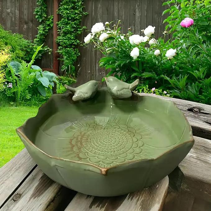 Bird Bath for Outside on Ground, 10 in Ceramic Birds Bath Bowl, Handmade Ground Bird Feeders and birdbath for Outdoors for Outdoors, Garden, Tabletop, Balcony and Lawn (Big - deep) by GreenHaven Gardens