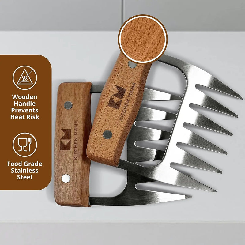 Kitchen Mama Meat Claws: Stainless Steel Shredder Claws with Wooden Handle for BBQ, Shredding, Pulling Pork, Chicken, Beef, and Turkey - Perfect for Grill Masters (1 Pair) by GreenHaven Gardens