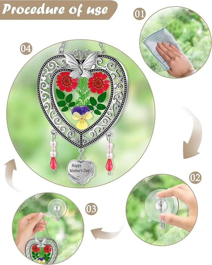 KY&BOSAM Suncatcher Happy Mother’s Day Stained Glass Tree of Life Heart Gifts Garden Ornament Wind Chimes for Windows Pressed Flower Between Heart in Glass Metal Engraved Charm as by GreenHaven Gardens