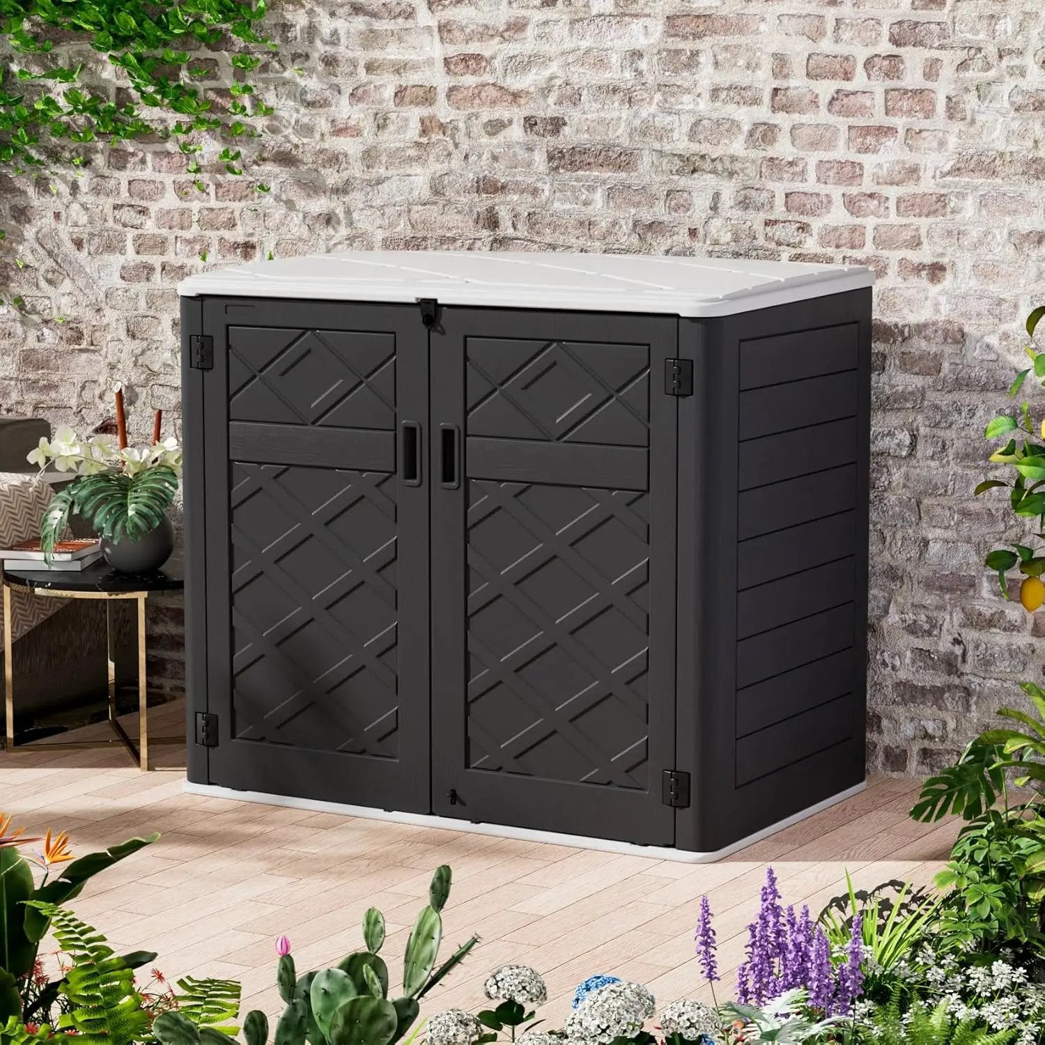 ZZM Large Outdoor Storage Shed, 48 Cu Ft Resin Versatile Storage Cabinet for Patio Accessories, Trash Cans & Garden Tools, Durable Horizontal Storage Box with Lockable Lid (Black) by GreenHaven Gardens