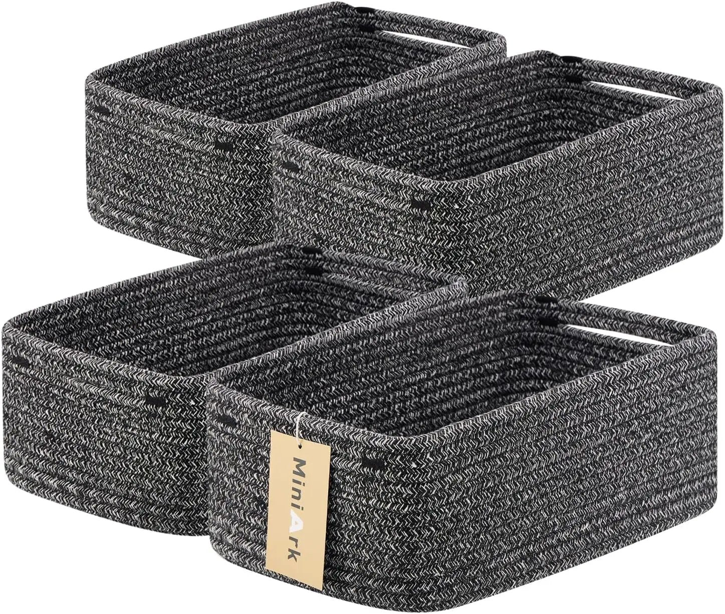 Small Storage Baskets for Organizing | Closet Organizer Bins | Shelf Toy Basket | Woven Rope Baskets | Cube Decorative Box | Shallow Basket | 13x8.5x5.1” | 4 Packs Dark Gray by GreenHaven Gardens