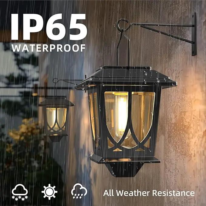 Solar Lanterns Outdoor Waterproof 2 Pack, Glass Auto On/Off LED Hanging Solar Lights, Outdoor Lantern with Wall Mount for Yard Fence Patio - Black by GreenHaven Gardens