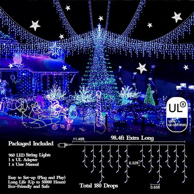 960 LED 98FT Christmas Lights Plug in 8 Modes with Timer Dimmable Christmas Decorations Outdoor Waterproof Indoor Curtain String Lights for Roof Garden Holiday Wedding Party Decor Blue by GreenHaven Gardens