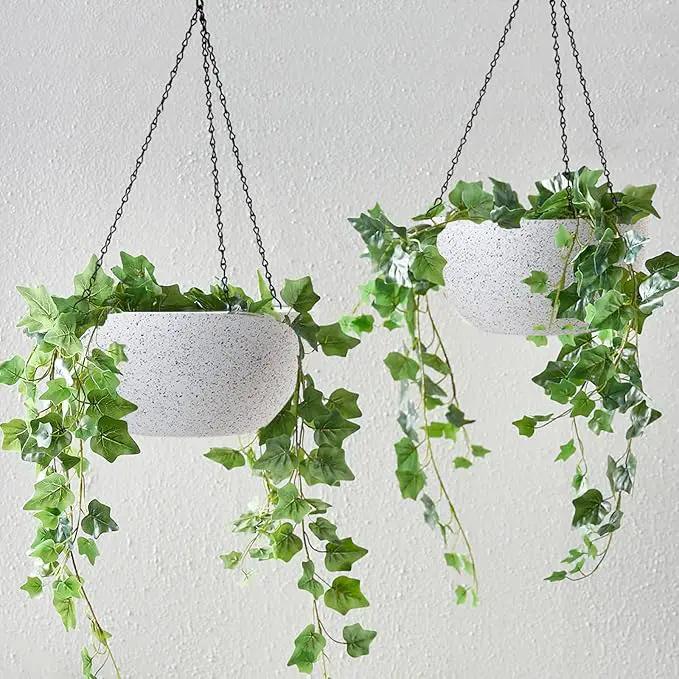 WOUSIWER 13 inch 2Pack Large Hanging Planters for Outdoor Indoor Plants with Drainage Holes and Chain, Round Hanging Flower Pots for Garden Home Porch Decor, White Speckles by GreenHaven Gardens