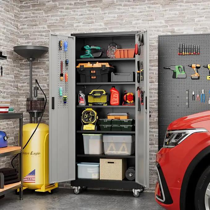 71" H×32" W×16" D Garage Storage Cabinet with Wheels & Pegboard, Locking Metal Storage Cabinet with Doors and 5 Adjustable Shelves & & 4 Hooks for Garage Warehouse Home Office, Black and Gray by GreenHaven Gardens