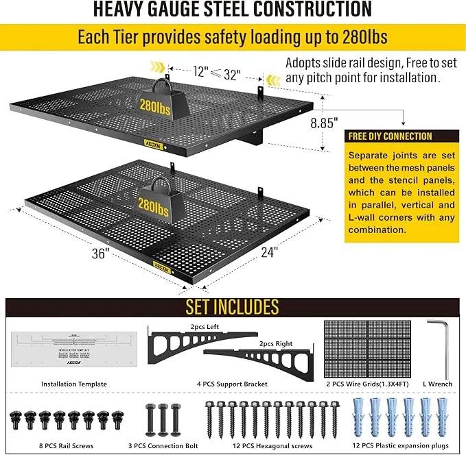 2-Pack 2x3ft Adjustable Garage Wall Shelving 560lbs Load Capacity Heavy Duty Wall Mounted Storage Shelf Metal Floating Shelves for Garage(Black) by GreenHaven Gardens