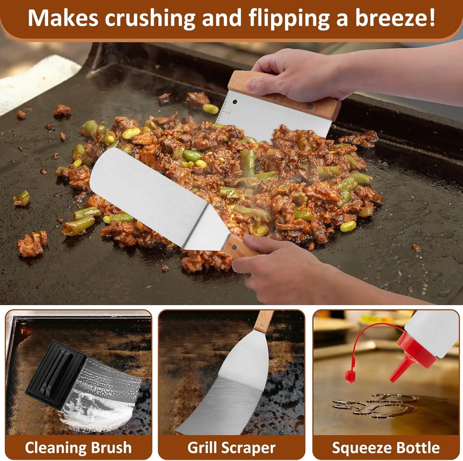 Griddle Accessories Set of 25, Leonyo Flat Top Grill Accessories, Professional BBQ Tool with Enlarged Spatulas Scraper, Basting Cover, Smash Burger Press, Carry Bag for Outdoor Barbecue, Wood Handle by GreenHaven Gardens