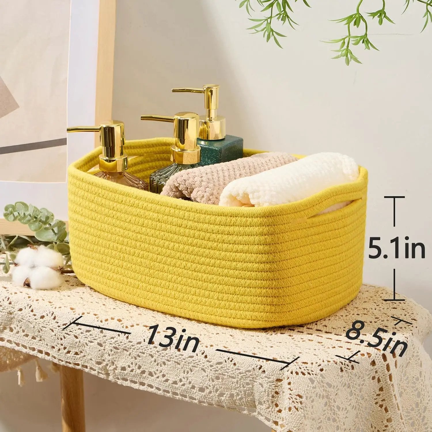 Small Storage Baskets for Organizing | Closet Organizer Bins | Shelf Toy Basket | Woven Rope Baskets | Cube Decorative Box | Shallow Basket | 13x8.5x5.1” | 3 Packs Yellow by GreenHaven Gardens