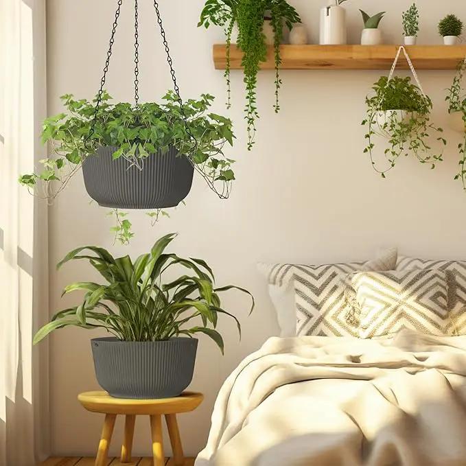 T4U 10 Inch Hanging Planters for Indoor Outdoor Plants, Hanging Plant Pot Pack of 2, Self Watering Hanging Pots with Drainage Hole & Plug & Chain with 3 Hooks for Garden Home Decor, Grey by GreenHaven Gardens