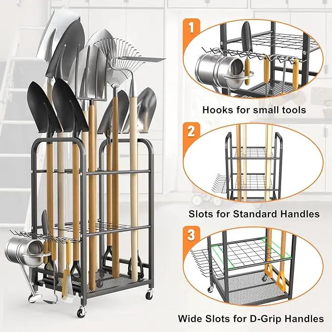 TORACK Garden Tool Organizer Stand with Wheels, Rakes Shovels Yard Tools Stand for Garage, Shed, Garden, Indoor/Outdoor Long-Handled Tools Cart by GreenHaven Gardens
