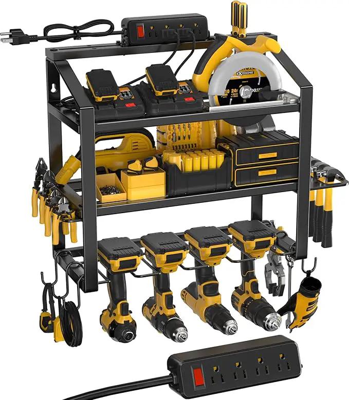 Power Tool Organizer With Charging Station, Heavy Duty Steel 4 Slots, Tool Battery Holder with 4 Outlet Power Strip, Easy To Install Garage Storage Rack for Workshop/Shed Gift For Men by GreenHaven Gardens