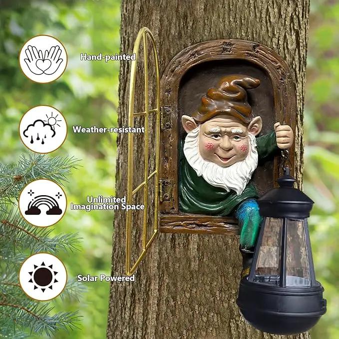 Fairy Garden Statues Gnomes Solar Lantern - Whimsical Elf Out The Door Tree Hugger Figurines Fence Wall Yard Art Home Decor Outdoor Tree Face Sculpture, Ideal Birthday Housewarming Decorations Gifts by GreenHaven Gardens