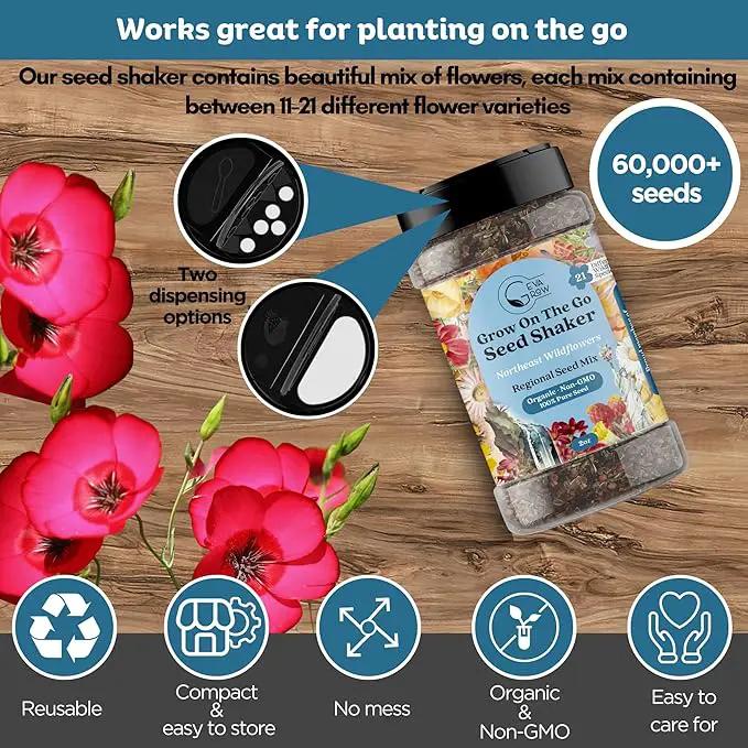on The Go Regional Wildflower Seed Shaker - Northeast USA Wildflowers - 100% Pure Seed - Organic, Non-GMO - 21 Wildflower Variety Seeds of Annual & Perennial, 2oz by GreenHaven Gardens