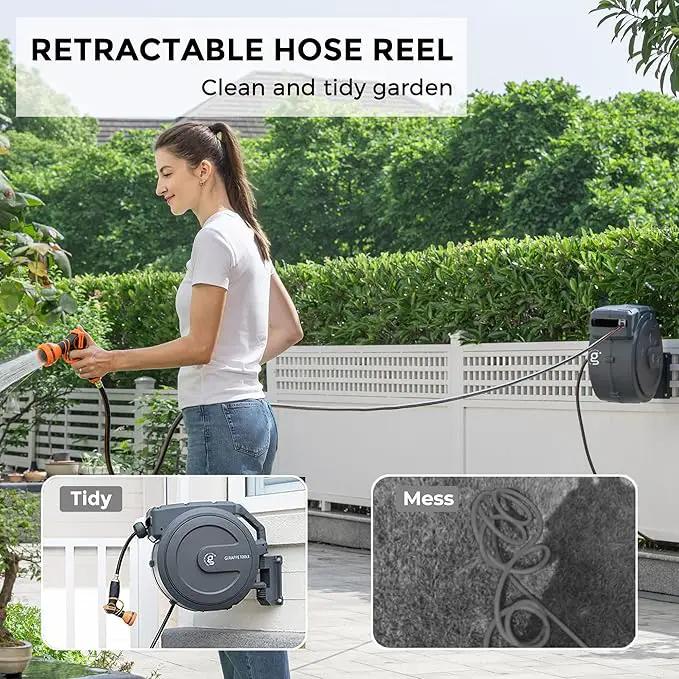 Giraffe Tools AW405/8MB Retractable Garden Hose Reel 5/8" x 90 ft PRO Metal Bracket, Heavy Duty, Any Length Lock Hose Reel, 90ft, Dark Grey by GreenHaven Gardens